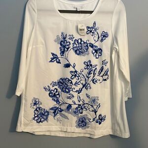 J. Jill Floral Scoop Neck White Cotton Shirt Small